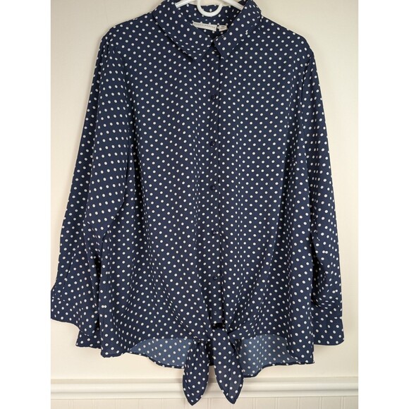 Susan Graver Button Up Top Size 18W Blue White Polka Dot Long Sleeve Tie Front - Picture 1 of 12